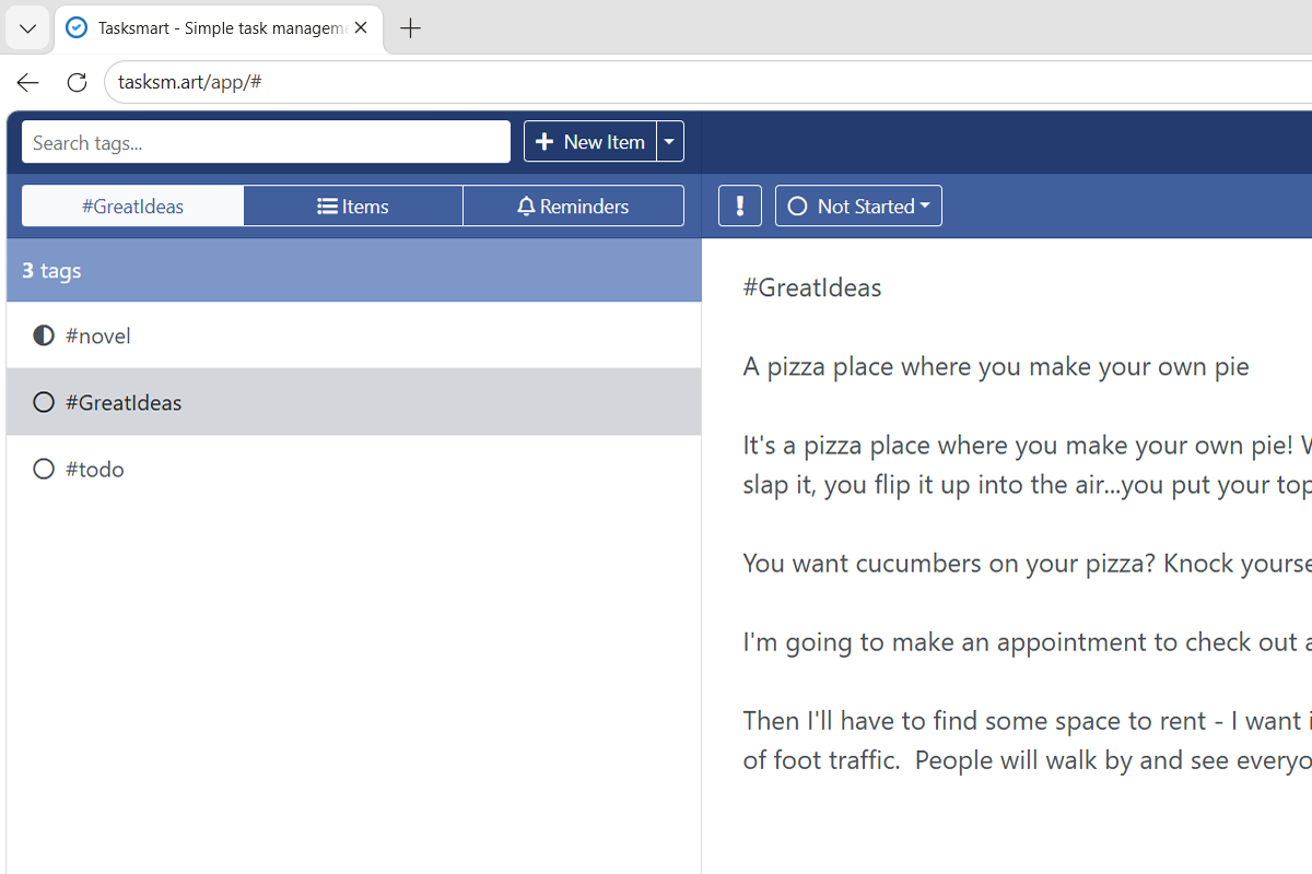 An item being typed with inline hashtags, and a sidebar listing those tags.